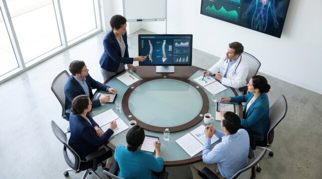 Healthcare Professionals Collaborate Discussing Medical Data And Research