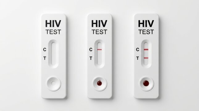 Three HIV rapid diagnostic test cassettes arranged in a row showing invalid negative and positive results on a plain surface. Medical kits for human immunodeficiency virus detection and