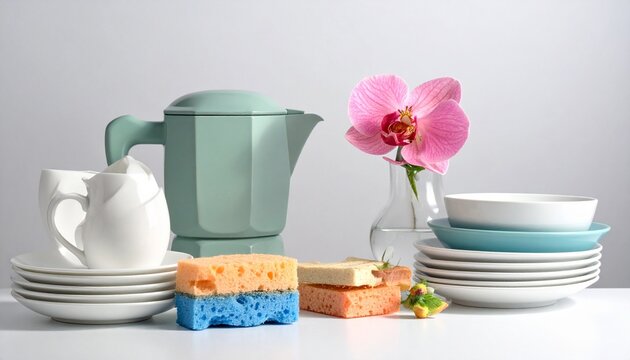Clean dishes and kitchenware with orchid flower decoration.