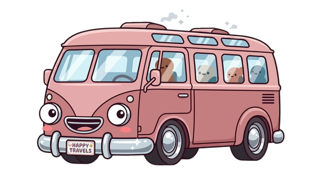 Cute Cartoon Pink Camper Van with Happy Passengers