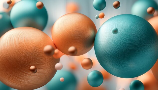 abstract composition of floating textured spheres in orange teal and gray tones against a soft blurred background with bokeh effect