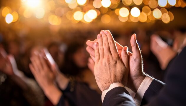 close up of hands clapping in appreciation during an indoor event with blurred audience and warm bokeh lighting in the background