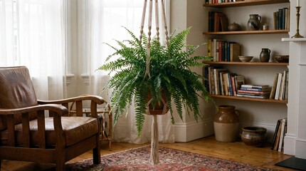 Fototapeta premium Vintage corner of cozy living room, retro interior design with hanging fern plant, brown leather armchair, wooden bookshelf filled with books, patterned rug