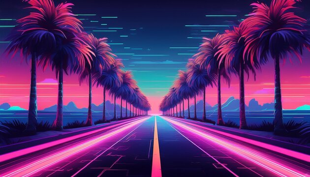 neon palm tree lined road at night synthwave aesthetic