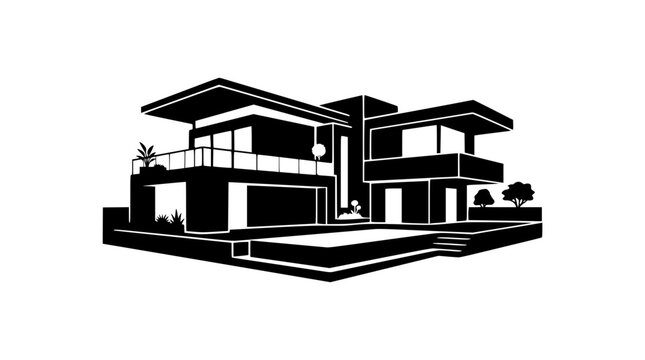 Modern luxury villa architectural silhouette with swimming pool icon