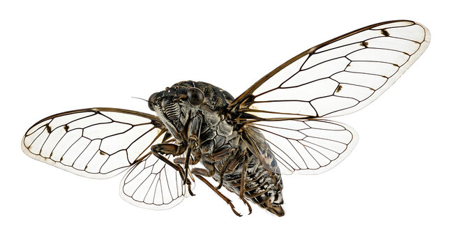 Cicada insect isolated on white background showing detailed transparent wings and body structure in flight