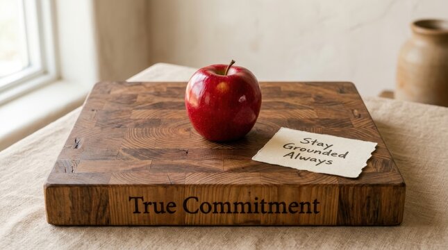 Fresh red apple sits on a rustic wooden butcher block with True Commitment engraved and a note Stay Grounded Always, showcasing healthy living and personal motivation in a rustic kitchen setting