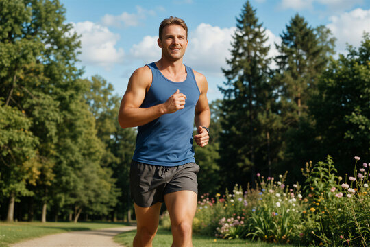 Energetic man running outdoors in a park, embodying wellness and fitness with a determined and joyful expression.