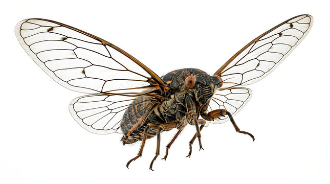 Macro shot of a cicada bug with translucent wings isolated on a white background, highlighting detailed insect anatomy and summer nature vibes