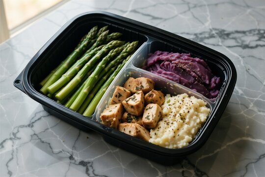 Healthy meal prep in a black container featuring asparagus, chicken, and purple sweet potato mash on marble.