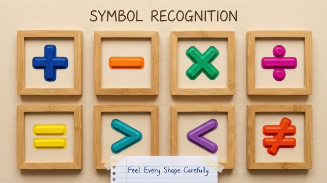Educational wooden frames display colorful mathematical symbols including plus, minus, multiplication, and division for children developing early math and symbol recognition skills in classrooms