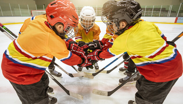 Youth hockey players are preparing for a match on an indoor ice rink during a practice session