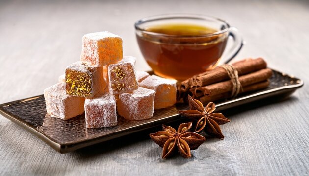 delicious turkish delight cubes and bird nest sweets with cinnamon and star anise