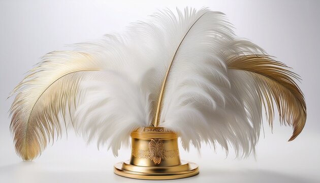elegant white ostrich feather displayed on a golden stand isolated on a white background white feather