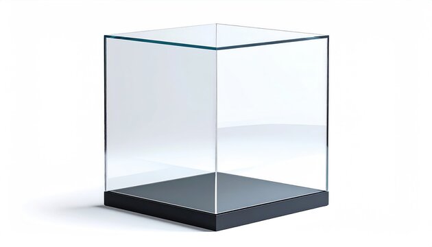 Empty, clear, four-sided glass display case with dark base