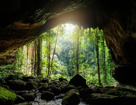 view from inside dark rocky cave looking out to lush green tropical rainforest jungle nature frame background with hanging vines and sunlight beam