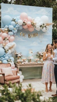 Elegant Baby Shower Celebration with Pastel Decorations and Floral Arrangements.