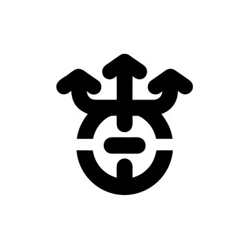 Abstract Directional Symbol with multiple arrows pointing outwards from a central circular motif, representing choice, divergence, and multifaceted paths.