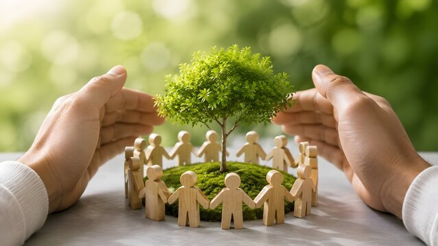 Environmental conservation concept with human hands protecting wooden people figures around a small green tree
