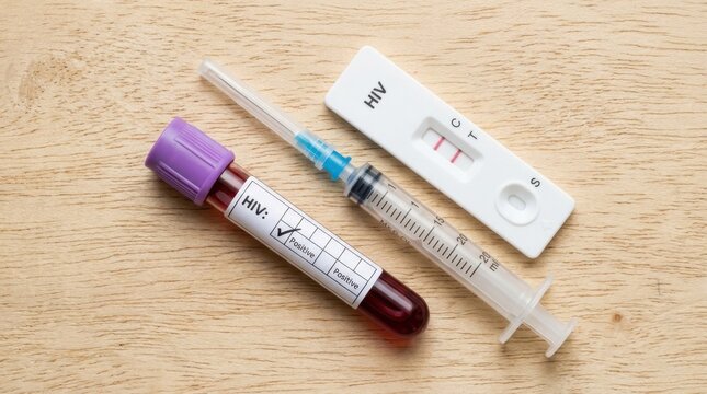 Medical HIV positive rapid test cassette with a blood specimen tube and plastic syringe on wooden background. Healthcare diagnostics showing positive results for human immunodeficiency