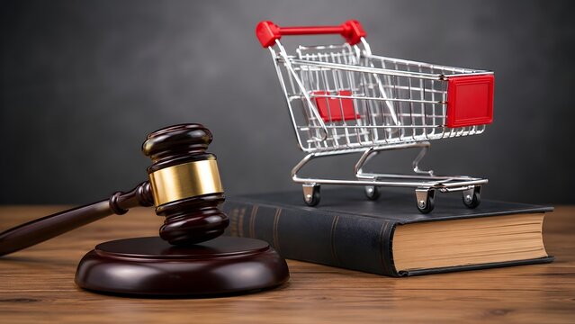 Shopping cart on law book with judge gavel for consumer rights law