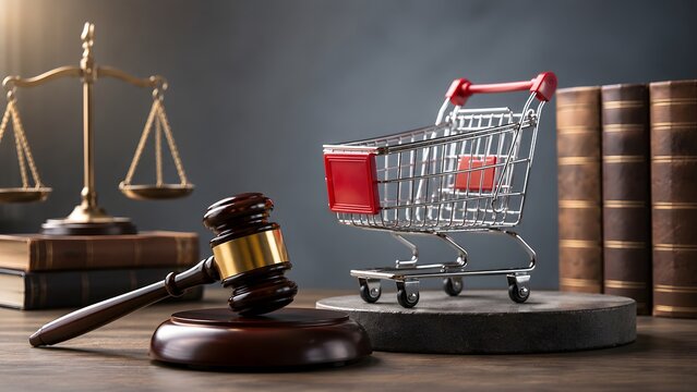 Consumer protection law concept with shopping cart and judge gavel