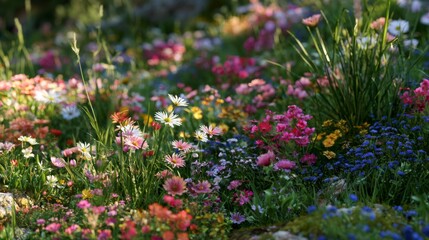 Fototapeta premium Vibrant Wildflower Meadow with a Variety of Colorful Blossoms in Natural Light, Ideal for Nature and Spring-themed Projects