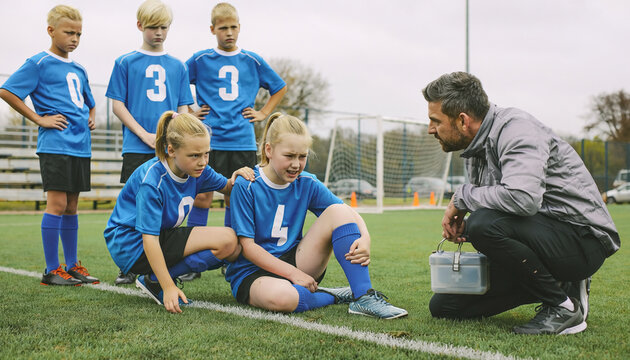 Players help each other on a soccer field during a practice session in the afternoon