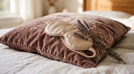 Obraz premium Lavender Sleep Mask on Textured Brown Pillow for Relaxation