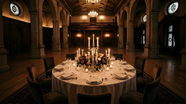 Elegant formal dinner table set for celebration in a candlelit ballroom
