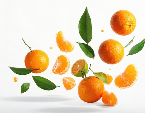 Vibrant citrus segments and whole fruits suspended with green leaves