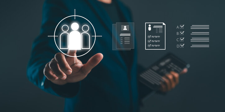 A person selects a user icon from digital interface elements representing profiles and checklists, symbolizing recruitment or personnel management.