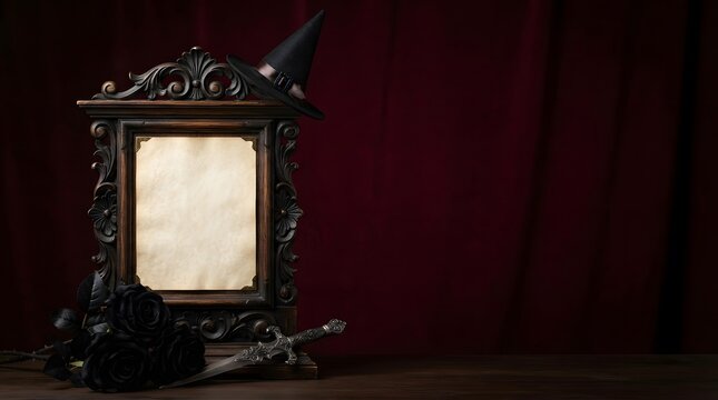 Vintage gothic halloween frame with witch hat black roses and dagger on dark red background
