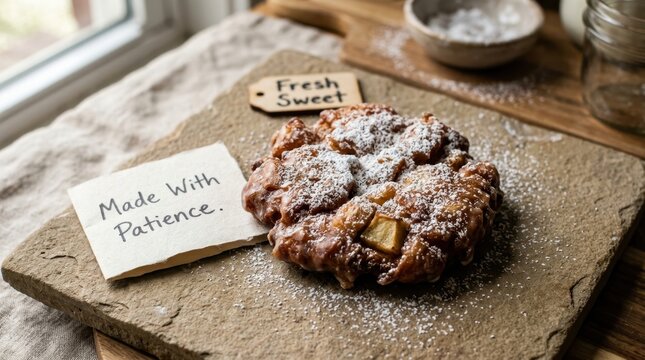 Artisanal apple fritter pastry dusted with powdered sugar sits on rustic stone surface beside handwritten tags labeled fresh sweet and made with patience, representing delicious homemade bakery treat.
