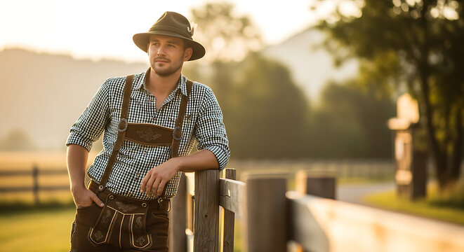 Traditional Bavarian man in leather lederhosen, checkered shirt, and green hat leaning against a wooden fence in a rural countryside landscape during golden hour sunset.