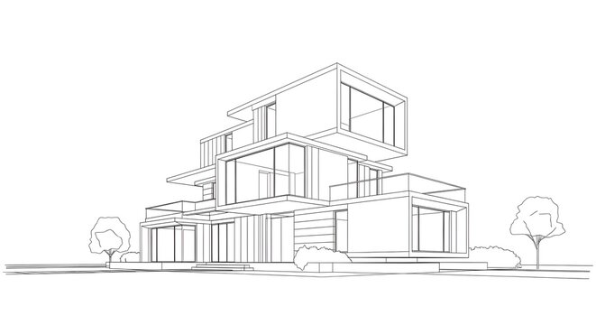 Modern minimalist villa architectural sketch featuring interlocking geometric volumes and clean lines on a white background