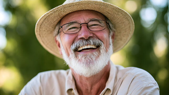 An elated elderly gentleman wearing lenses and a fedora relishes the outdoors. Ideal for depicting contentment in retirement.