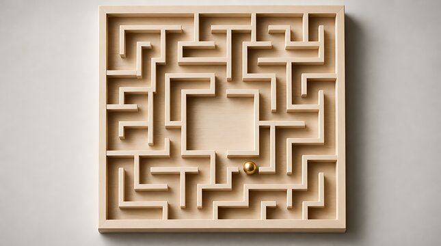 Top down flat lay of golden metallic sphere inside light wooden labyrinth maze board, depicting problem solving strategy, finding path to success, decision making, and logical navigation.