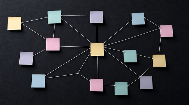 Blank pastel sticky notes connected with white string on dark background forming central network, depicting mind mapping, workflow organization, task management, and strategic brainstorming.