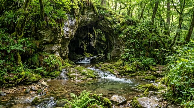 Mossy cave with flowing spring in forest. Lush green woodland landscape with water stream.
