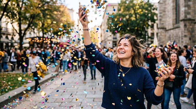 Woman celebrating with confetti in a crowded street during a festival