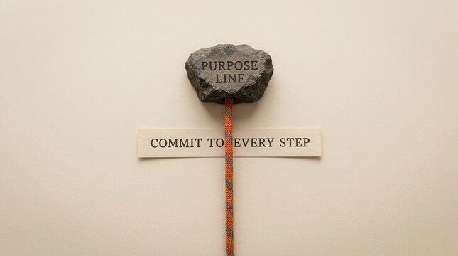 Conceptual flat lay shows an orange climbing rope connected to a stone with purpose line text crossing a paper banner saying commit to every step representing determination and focus on career pathing