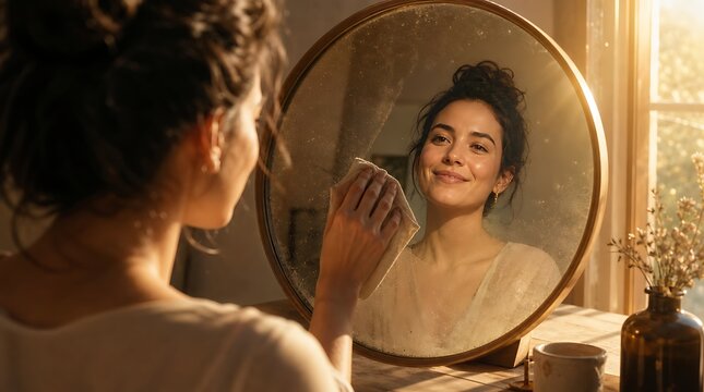 Young woman wiping dust off round wooden mirror in sunlit room revealing her smiling reflection, depicting self acceptance, inner beauty, skincare reflection, and daily morning ritual.