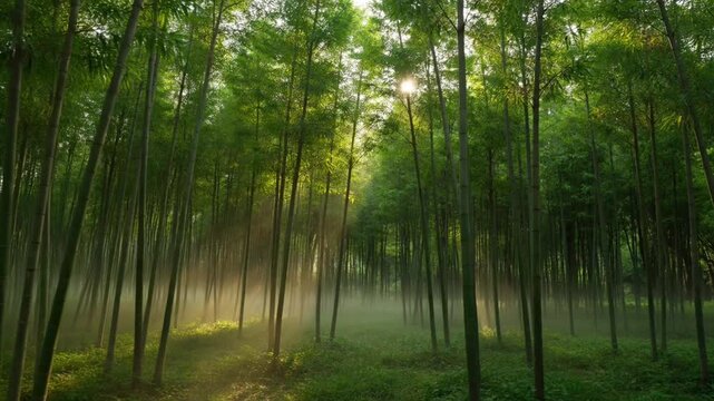 Bamboo forest landscape featuring morning sunlight filtering through tall green trees in a serene motion video clip of nature