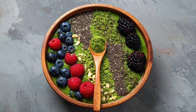Vibrant green smoothie bowl topped with fresh berries, chia seeds, and matcha powder
