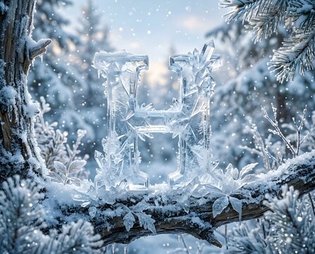 Frozen Letter H Crystal Alphabet in Winter Snow Landscape, Ice Typography 3D Illustration