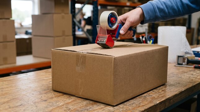 Hand sealing a cardboard box with packing tape in a warehouse setting
