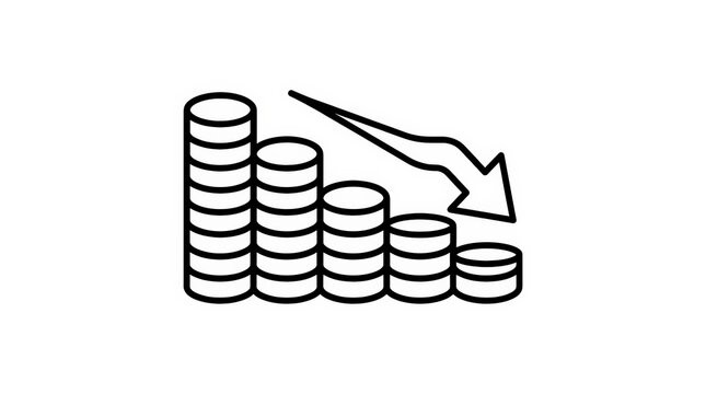 Debt Reduction Symbol with Decreasing Stacked Coins and Arrow Icon