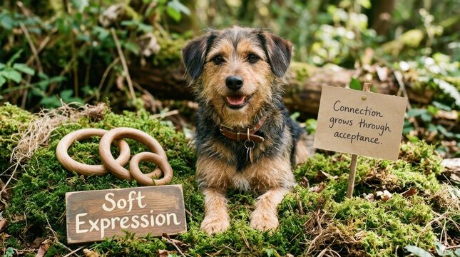 Small scruffy terrier dog sits peacefully on green mossy forest floor next to inspirational wooden signs and rustic rings. The scene captures a warm moment of nature connection and pet friendship. Yay