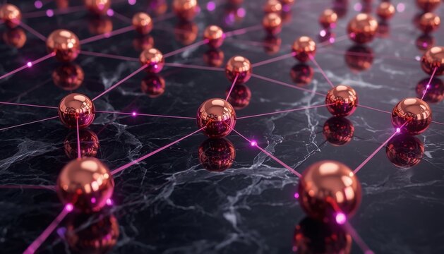 Abstract digital network connected metallic nodes on marble surface with connectivity abstract technology connection metallic structure internet information particle background geometric